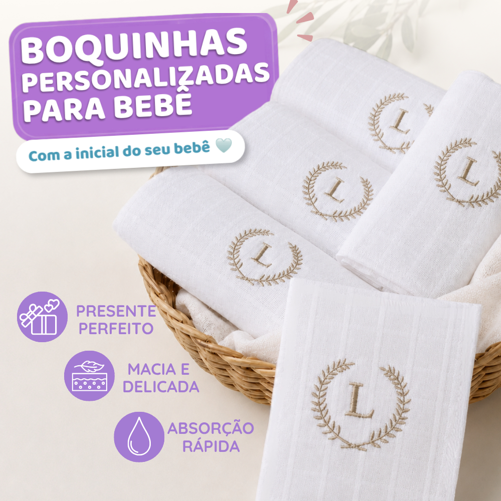 Kit Fralda de Boca Bebê 5 Unidades 100% Algodão Personalizada Pano de Boca