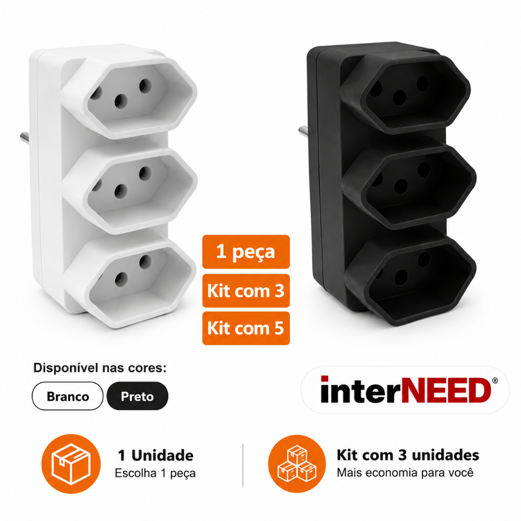 Adaptador Triplo Interneed Benjamim Front 10A 2P+T Tomada Preto/Branco Interneed