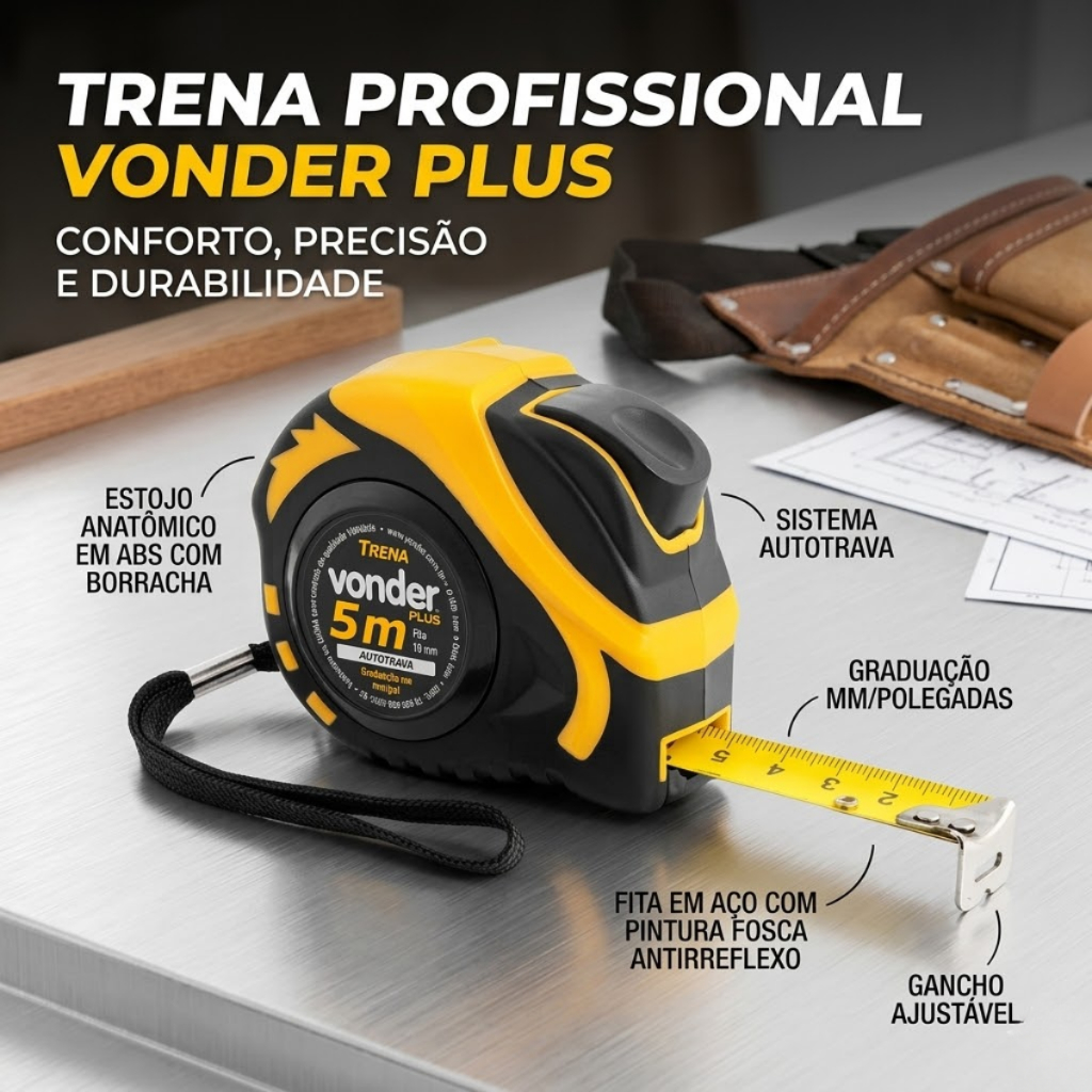 Trena 5 Metros Vonder Auto Trava Profissional Fita De Aço Resistente Reforçada Profissional