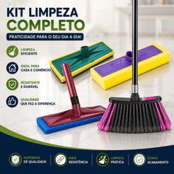 Kit Limpeza Vassoura + Esponja Lava Azulejo + Limpa Vidro + Passa Cera Sem Cabo