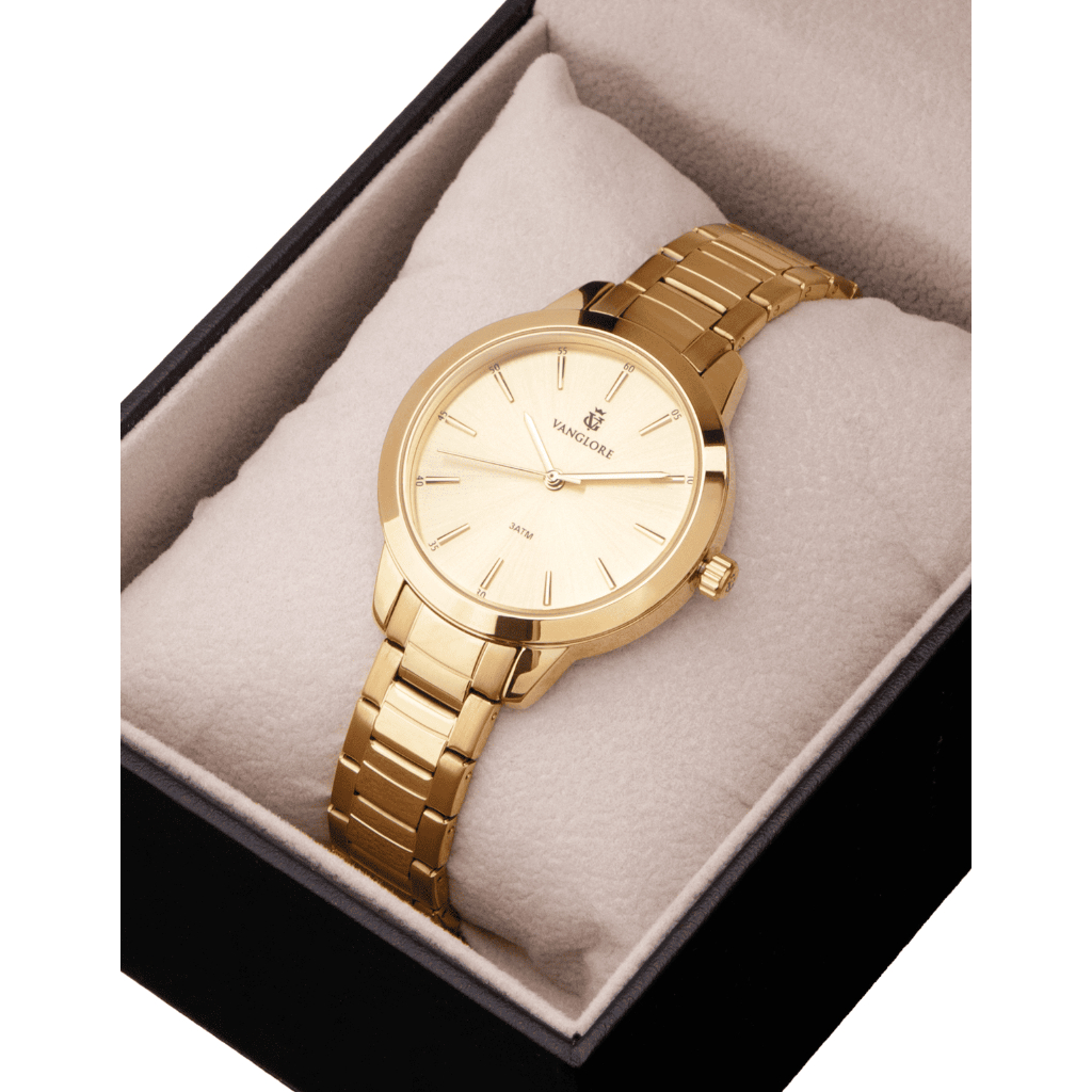 Relógio Feminino Dourado Slim 36mm Pulseira Aço Inox Vanglore Essence