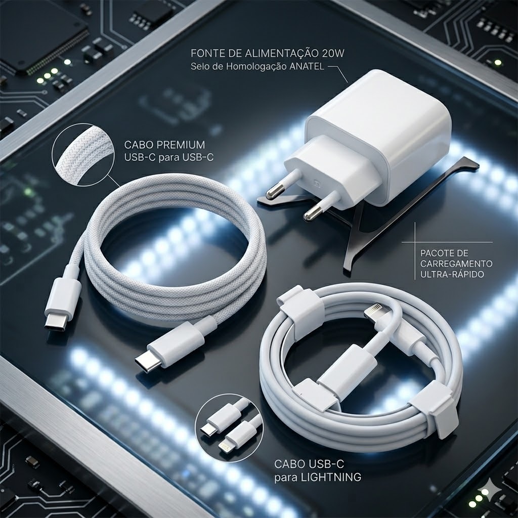Carregador USB C 20W Turbo iPhone Cabo Lightning ou Tipo C Fonte Rápida Compatível Apple