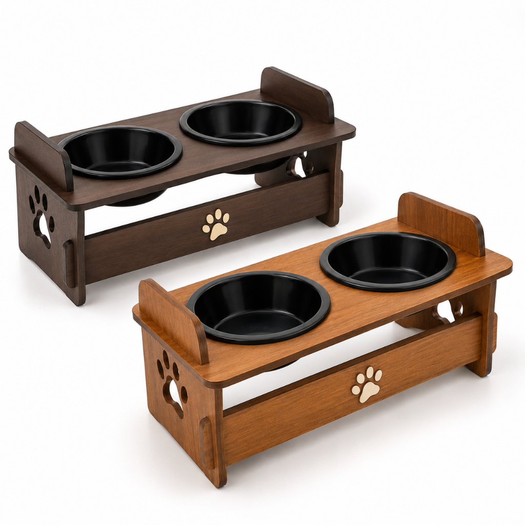 Comedouro Elevado Para Gatos MDF 1 ou 2 Tigelas Preto Branco Ração e Água Pet