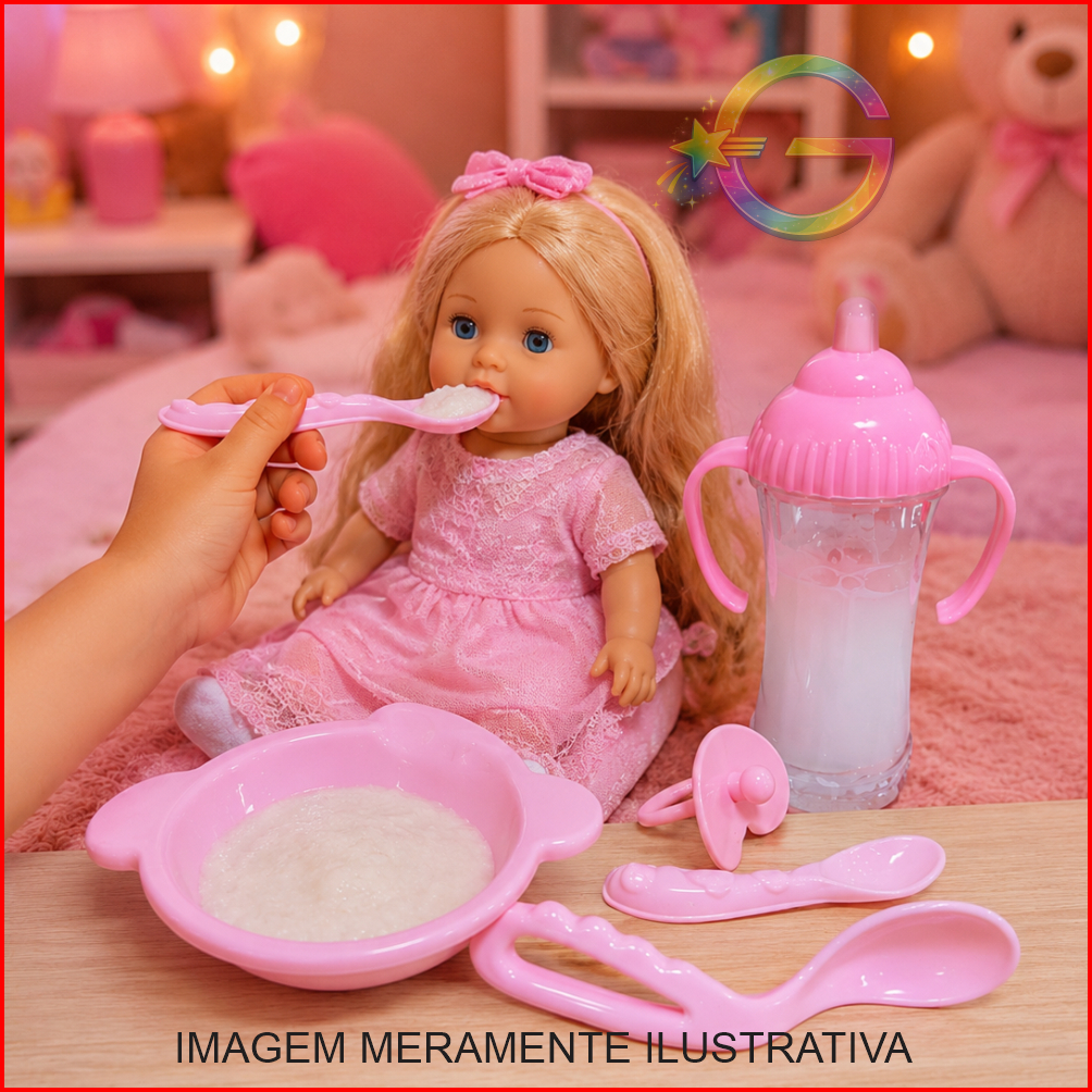 Kit Papinha Baby Boneca Infantil Ark Baby Mamadeira Prato Talheres Brinquedo Menina
