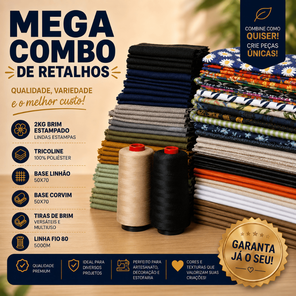✨MEGA COMBO DE RETALHOS - BRIM ESTAMPADO+BASE LINHÃO E CORVIM+TRICOLINE+TIRAS DE BRIM + LINHAS✨