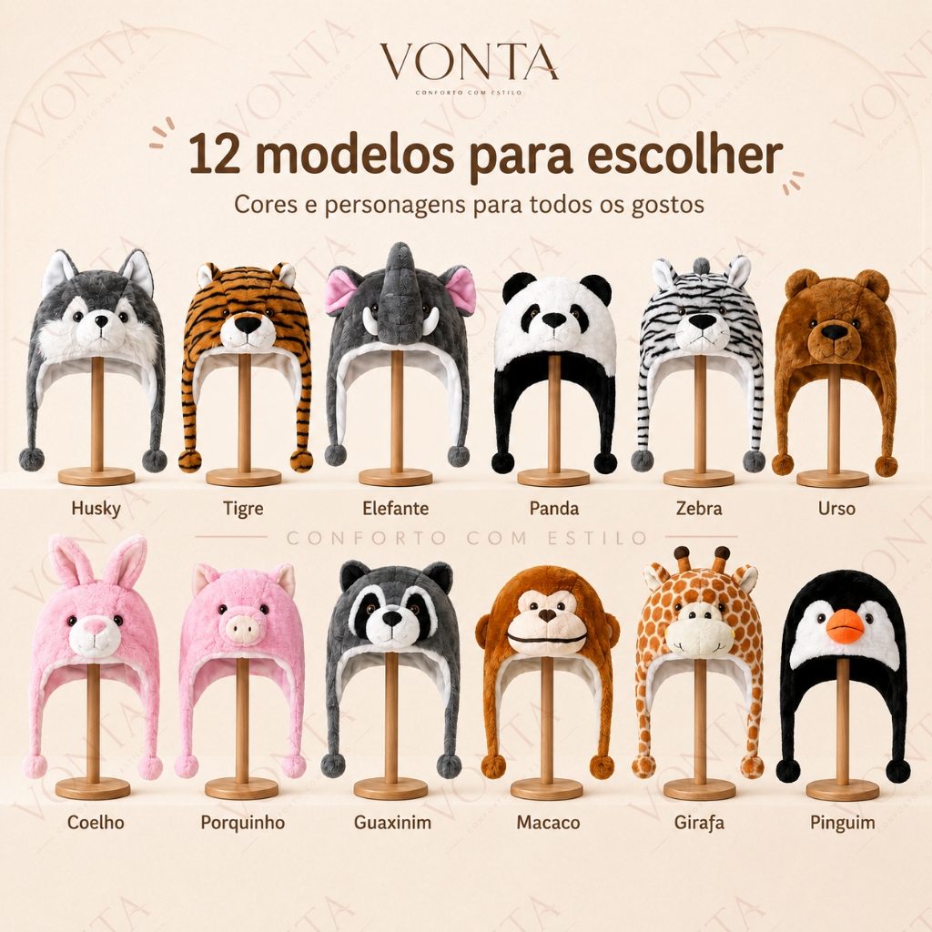 Touca Infantil de Animais Peluciada Gorro de Inverno Quentinho Bichinho para Bebê Criança Menino Menina