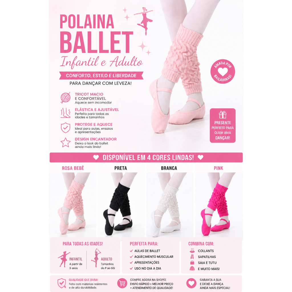 Polaina Ballet Infantil e Adulto Tricô Quentinha Academia Confortavel Dança  Rosa  Preta Branca Pink