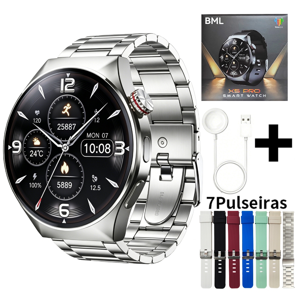 Smartwatch X5 Pro Relógio Inteligente 2,04"  Redondo AMOLED GPS NFC ChatGPT Bluetooth Chamada IP67 Notificações de mensa