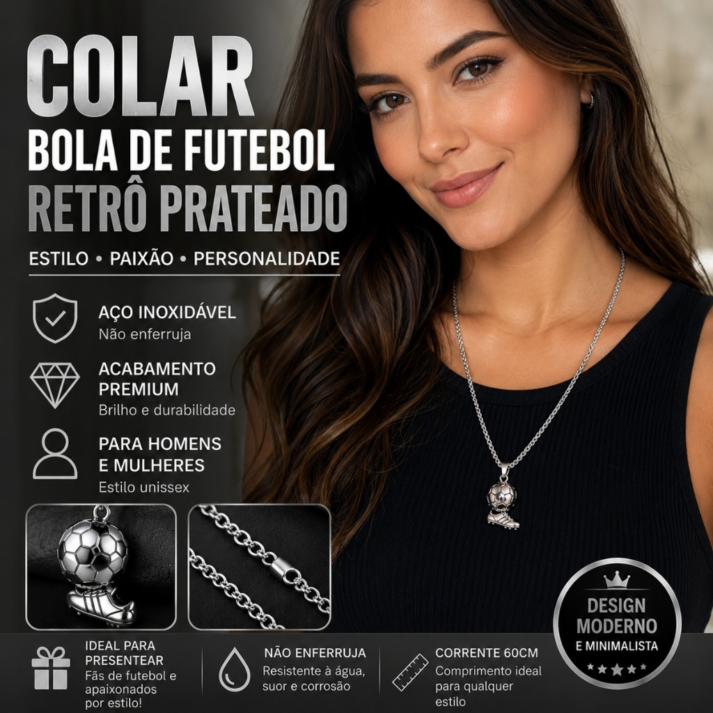 Corrente com Pingente Bola de Futebol Prateada Aço Inoxidável Colar Unissex Fashion