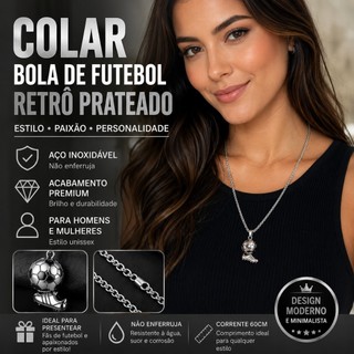 Corrente com Pingente Bola de Futebol Prateada Aço Inoxidável Colar Unissex Fashion