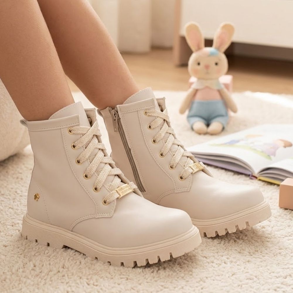 Bota Coturno Infantil Feminina Tratorada Cadarço Brilhante Zíper Lateral Menina Fashion