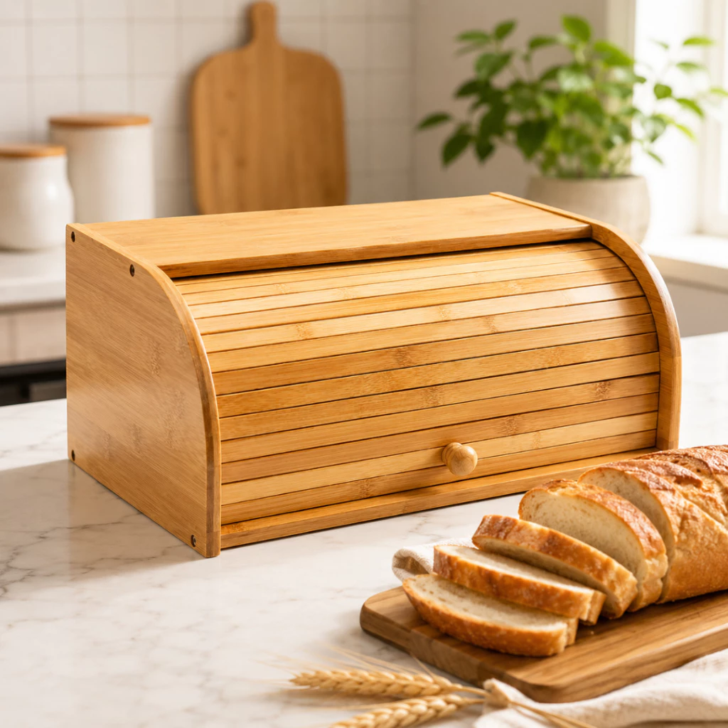 Porta Pães Bambu Grande Premium  com tampa retrátil Baú de armazenamento cozinha organizada — imagem 1