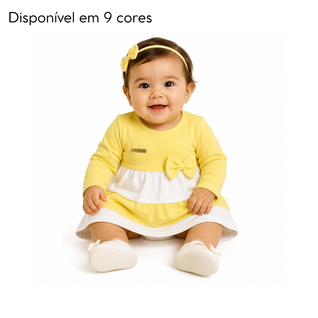 Vestido Bebê Menina 3 Meses Manga Longa Laço Delicado Algodão 9 Cores