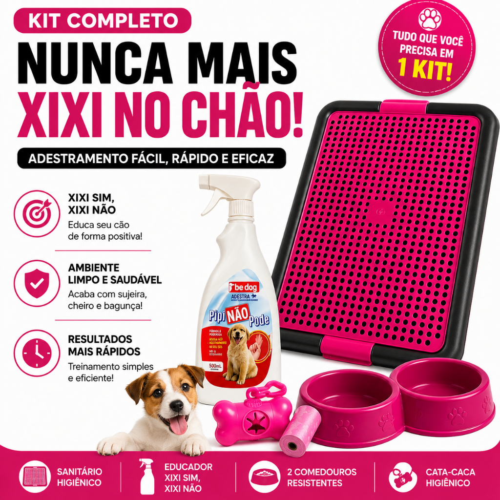 Kit Sanitário Canino + Educador Xixi Sim Xixi Não + 2 Comedouros + Cata-caca Tapete Higiênico para Cães