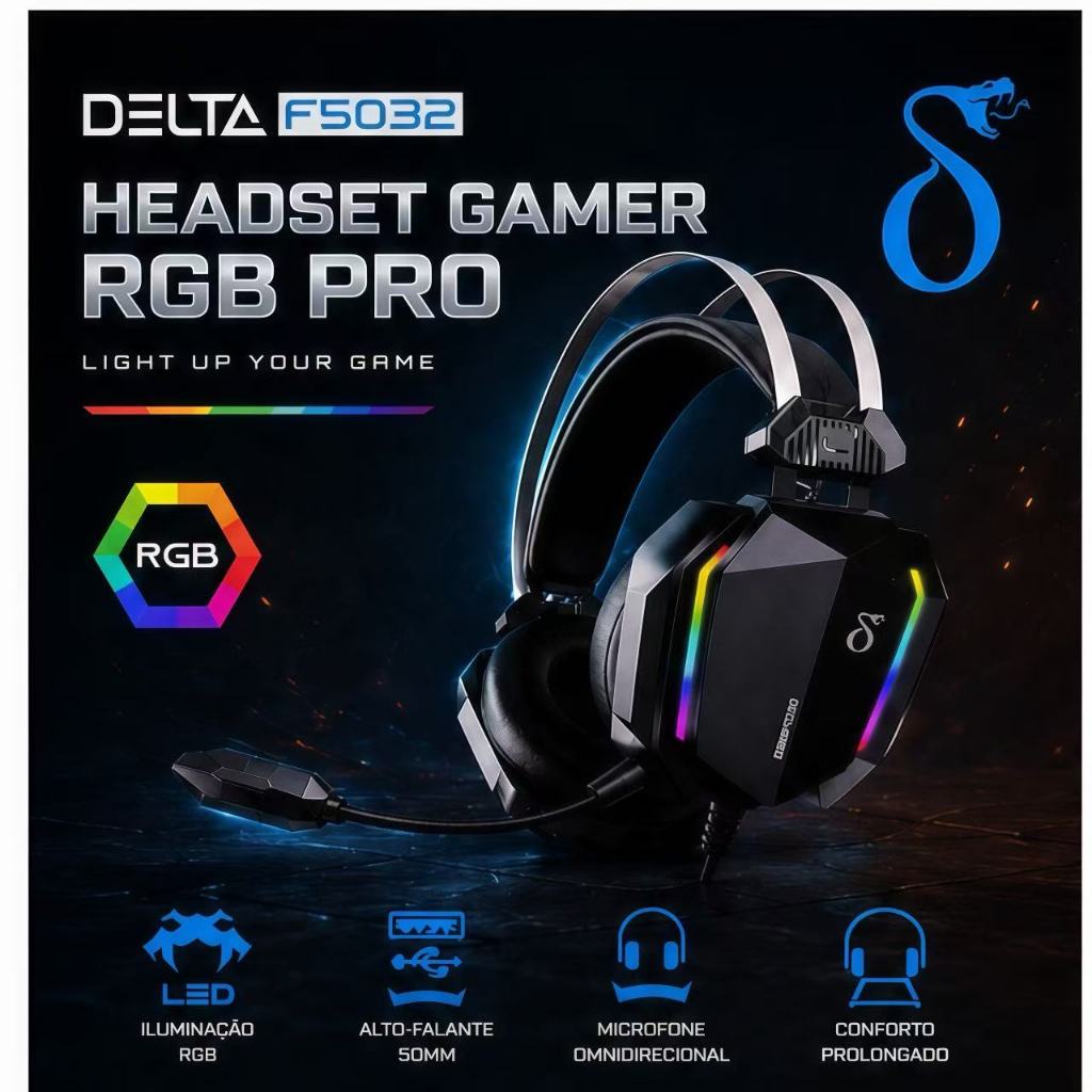 Fone Headset Gamer LED RGB para jogo PC Com Fio Microfone e Ajuste de Volume+Cabo P2 para 2 P2 DELTA