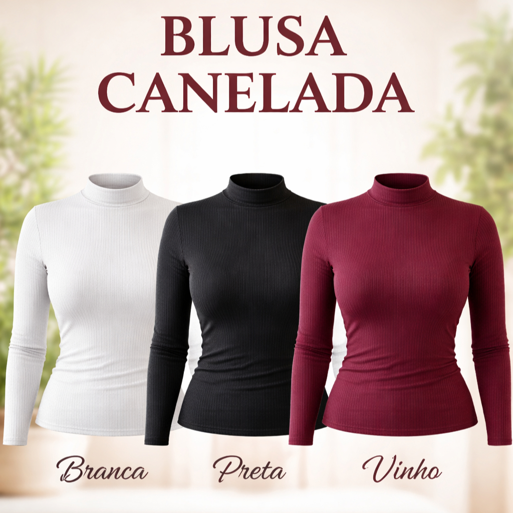 Blusa Cacharrel Canelada Feminina Gola Alta Manga Longa Elegante Moda Inverno Tendência 2026