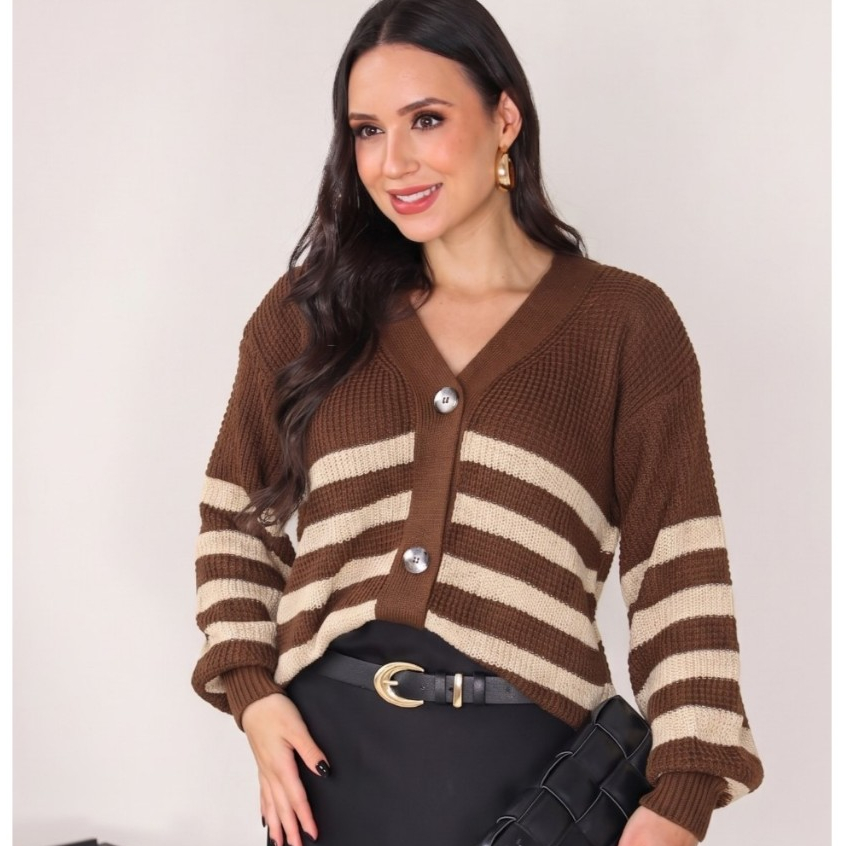Casaco Botão Aberto Tricot Feminino Listrado Blusa De Frio Cardigan Kimono Trico Lã Tricô Inverno