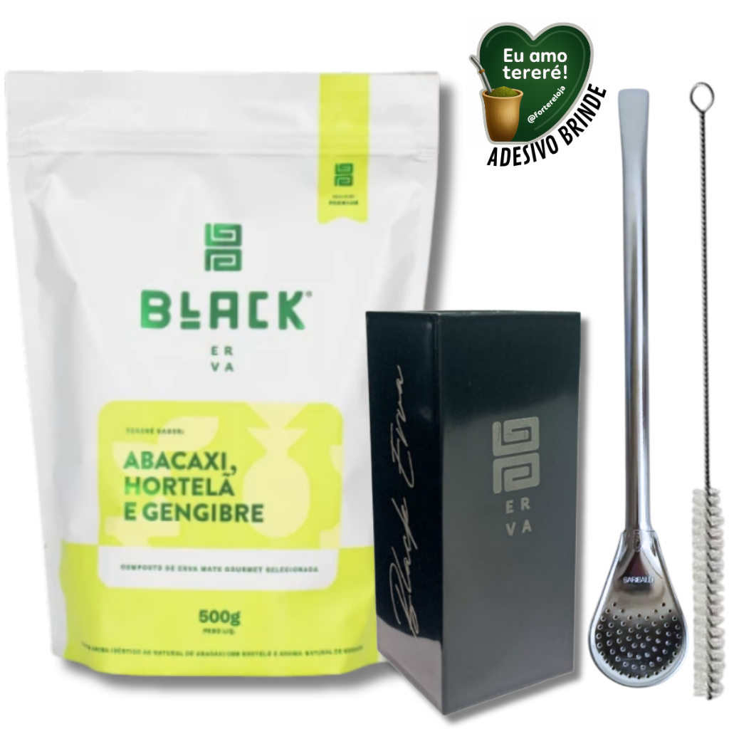 Kit Tereré Black Erva Mate + Copo Cuia Quadrado Preto + Bomba Clássica c/ Escovinha + Adesivo BRINDE