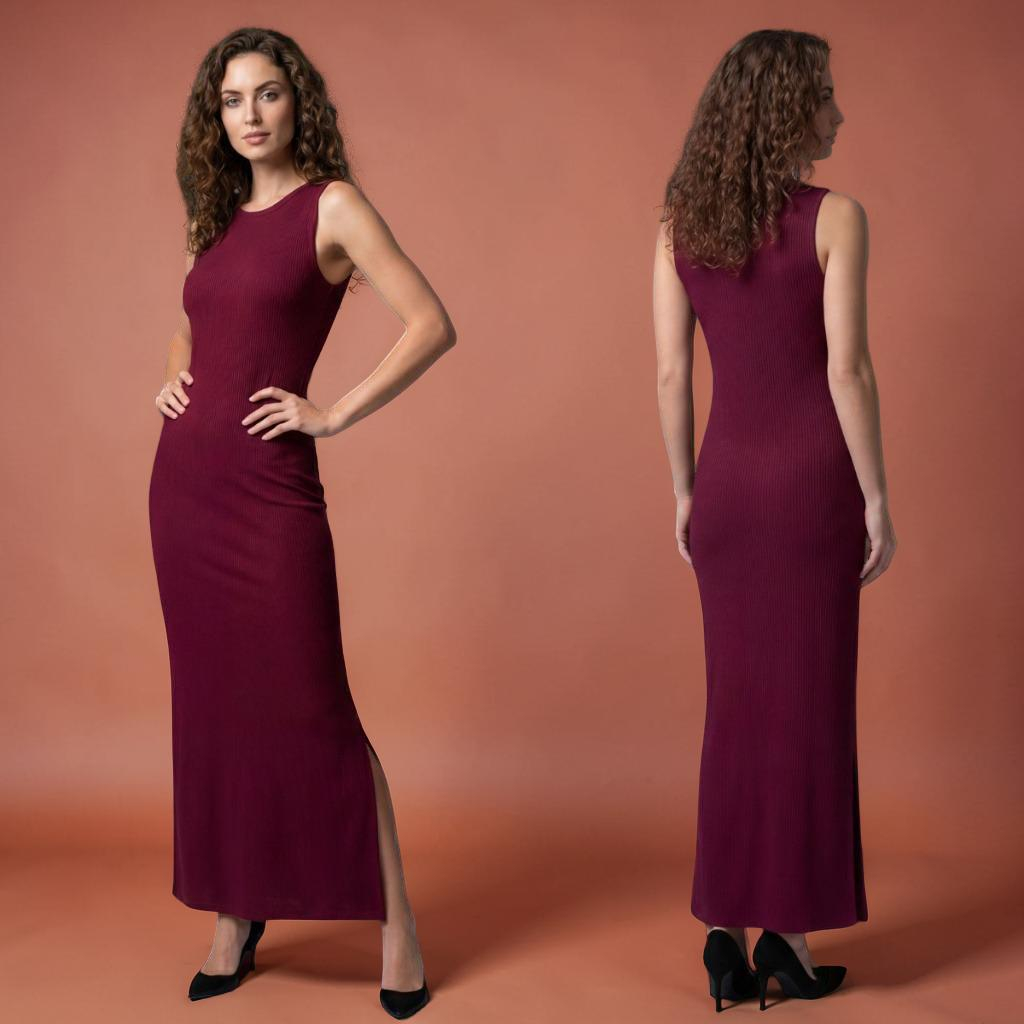 Vestido Longo Canelado com Fenda Elegante - Conforto e Estilo | Kali Empreendimentos