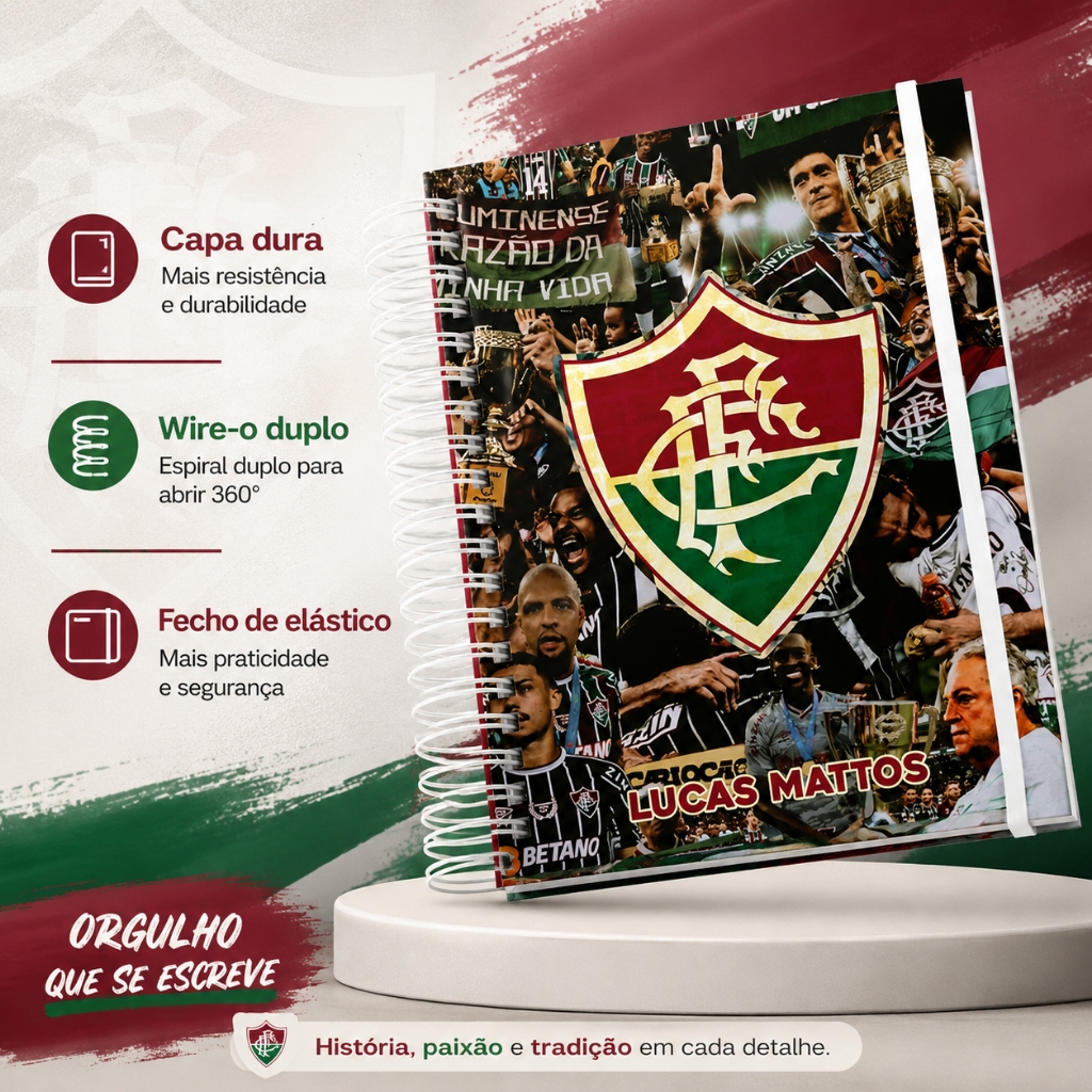 Caderno Personalizado do Fluminense com Nome Capa Dura Wire-O 22x16cm Premium 120 Folhas