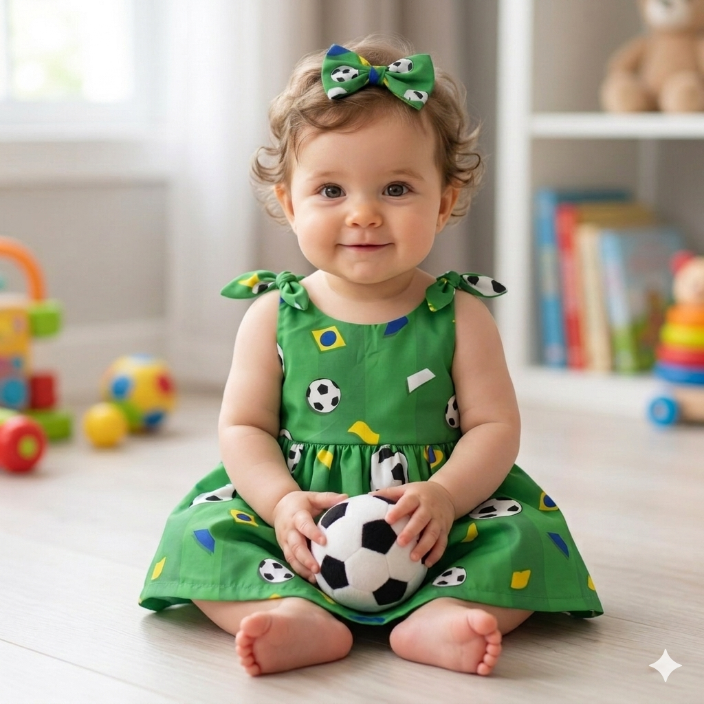 Vestido Infantil Menina Midi Bebê Brasil Copa do Mundo Roupas de Bebê Menina