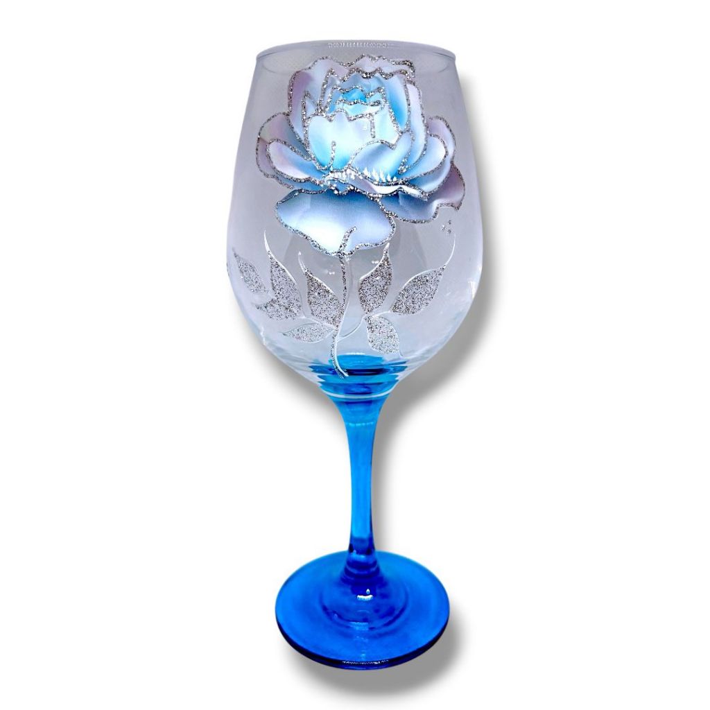 Taça Pomba Gira Flor Azul e Branca C/ Detalhes Pratas Fundo Azul Barone 385ml - Padilha Mulambo Farrapo Dama da Noite