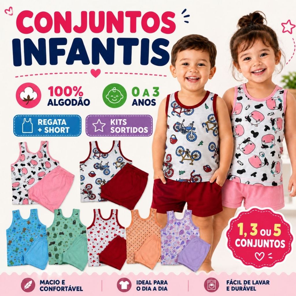 Regata Com Short Bebê Infantil Verão Para Calor 100% Algodão Estampado Liso Menino Menina