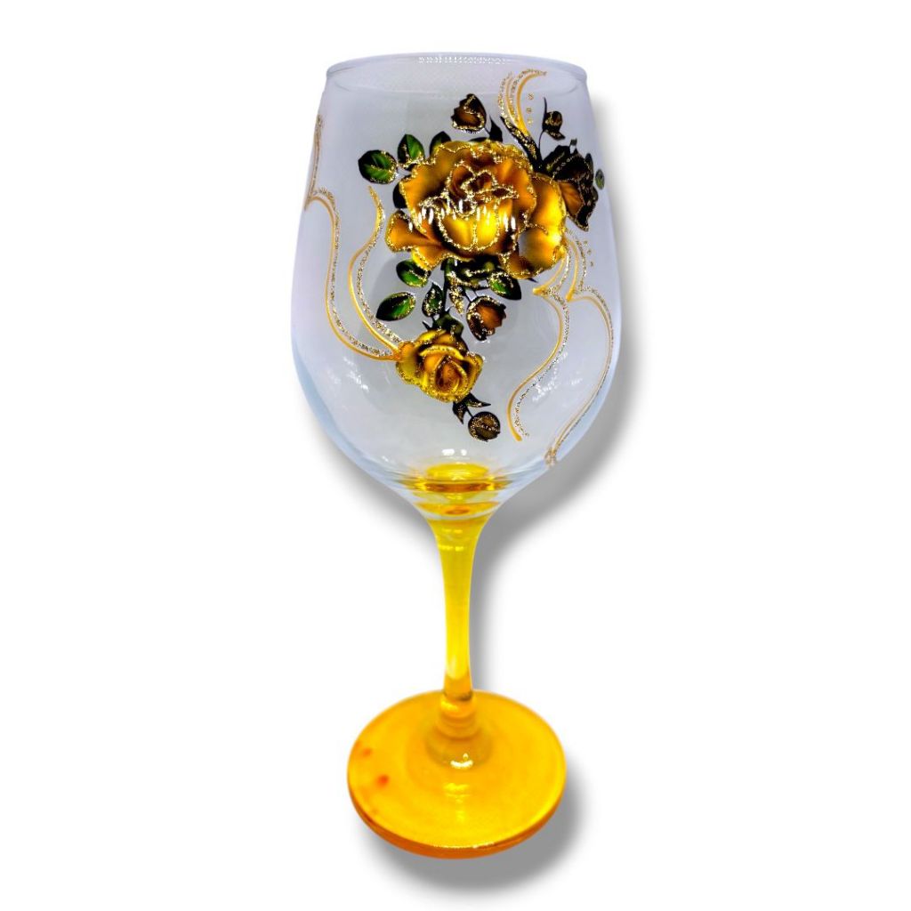 Taça Pomba Gira Flores Amarelas C/ Detalhes Dourados Fundo Amarelo 385ml - Padilha Mulambo Farrapo Dama da Noite