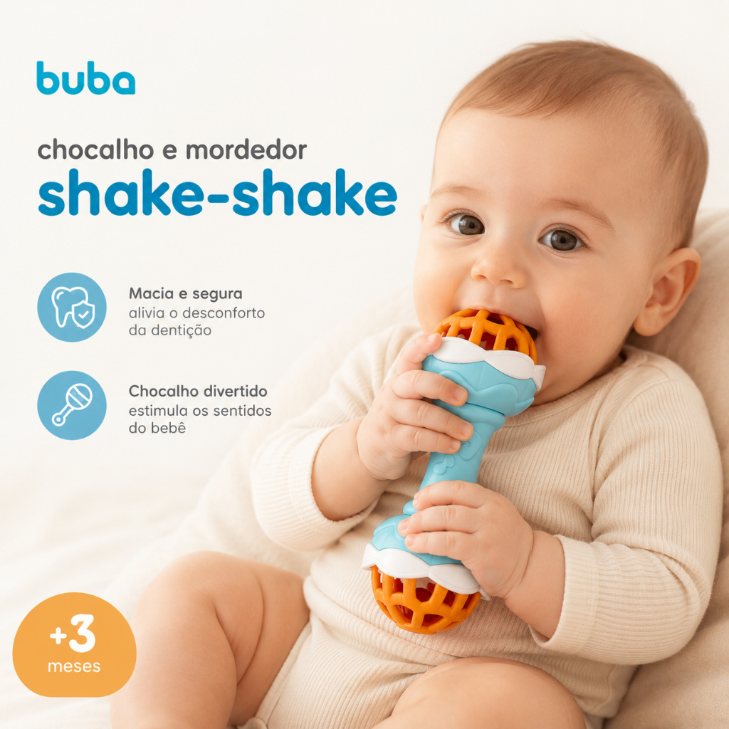 Brinquedo Bebê Chocalho e Mordedor Shake Shake Buba Sensorial Colorido Infantil