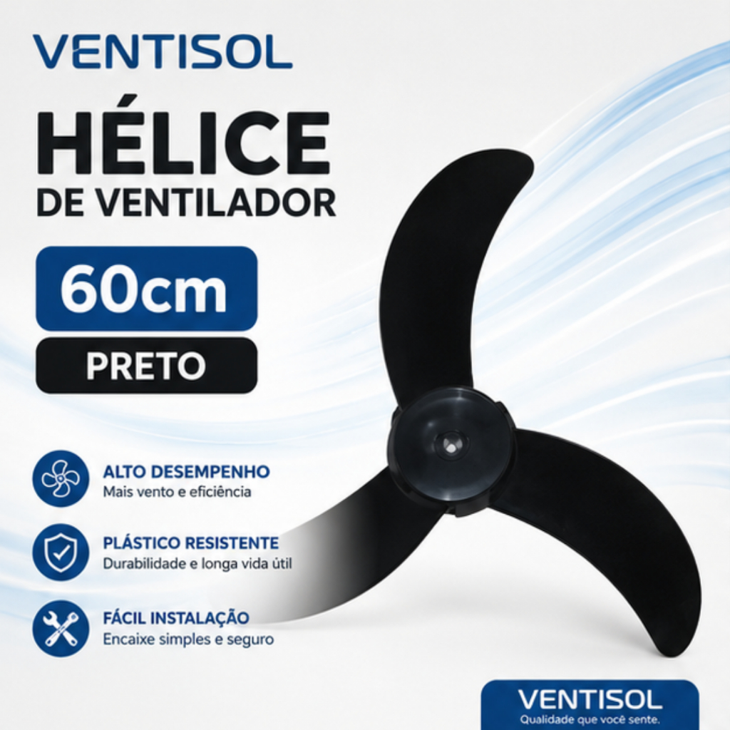 Hélice De Ventilador 3 Pás 60cm Preta Reposição Plástica Resistente Encaixe Fácil Original Nova Peça