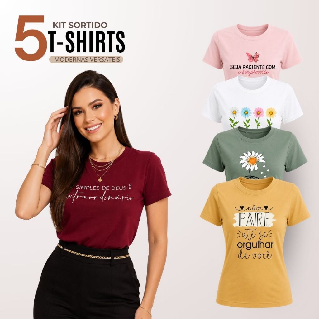 Kit 5 T-shirt Feminina Blusa Baby Look Camiseta