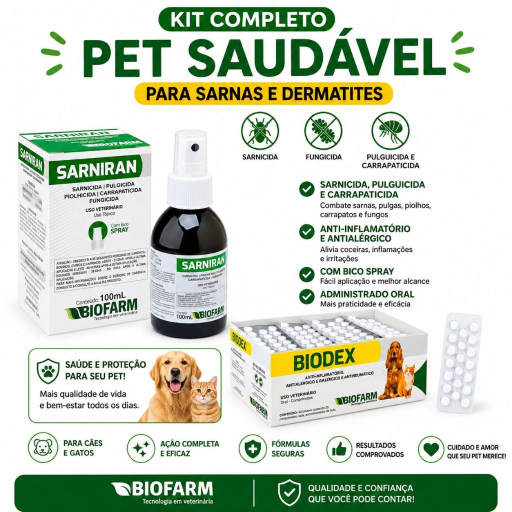 Kit para Sarnas e Dermatite Pet - Spray Sarniran 100ml + 1 Cartela Biodex 20 Comprimidos