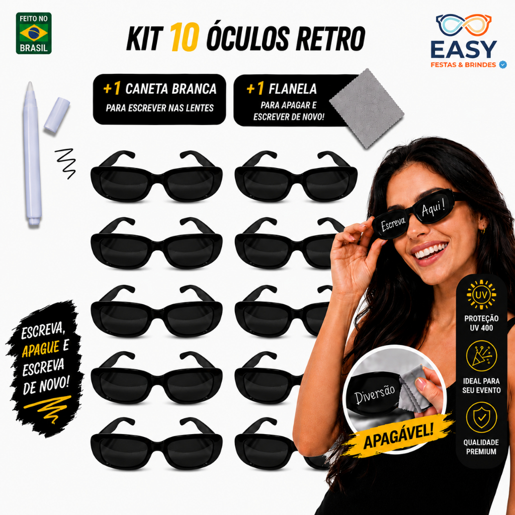 Kit 10 Óculos Festas Retro Preto Tik Tok + Caneta Giz Branco + Flanela