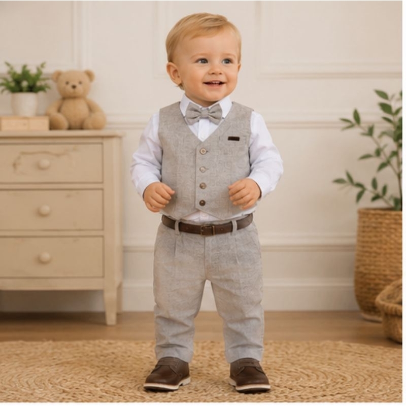 Conjunto Infantil  Social Menino Bege Batizado Festa Completo Calça Camisa Completo Colete Cinto e Gravata Borboleta