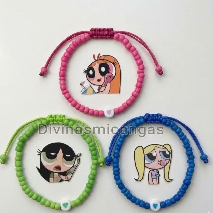 Pulseiras Reguláveis Meninas Super Poderosas do Infantil ao Adulto Macrame Ajustável The Powerpuff Girls