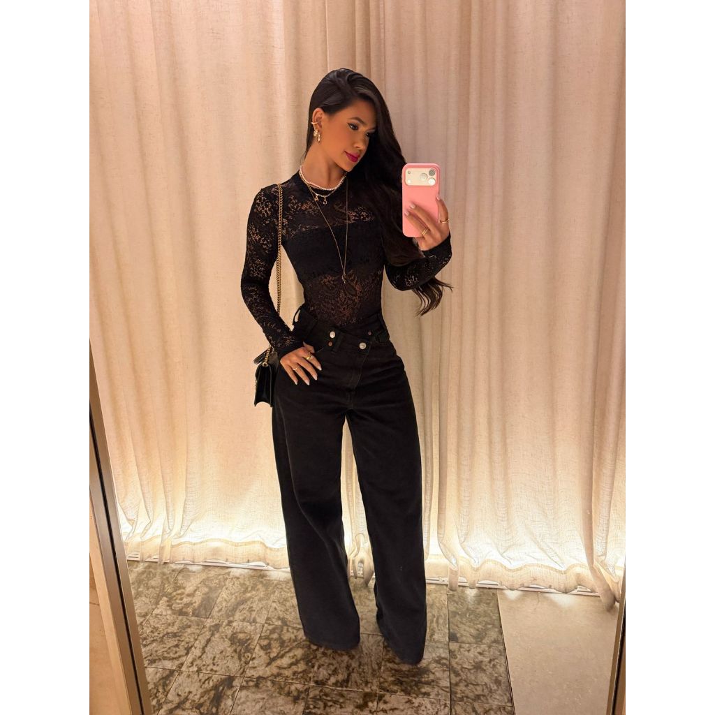 Body Feminino de Renda Manga Longa Elegante Transparente