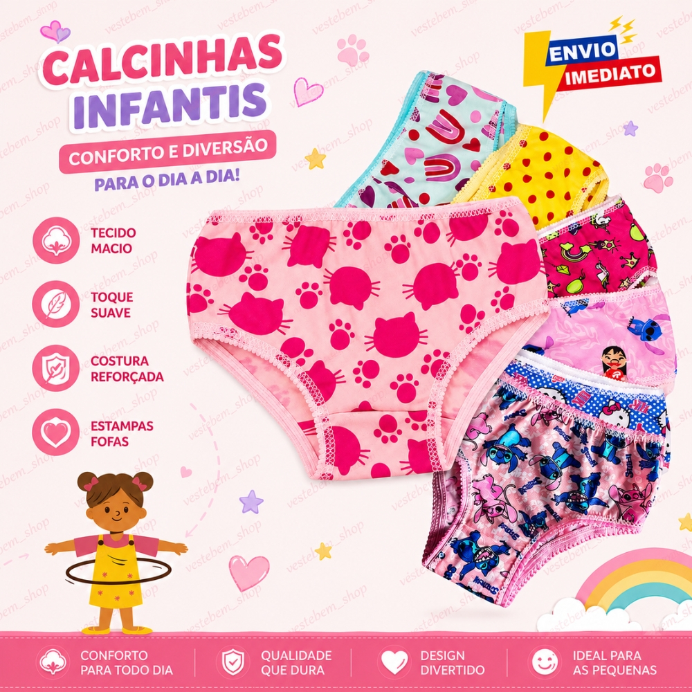 Kit 5 10 Calcinhas Infantil Menina Estampadas Confortáveis Forro 100% Algodão 1 a 9 Anos