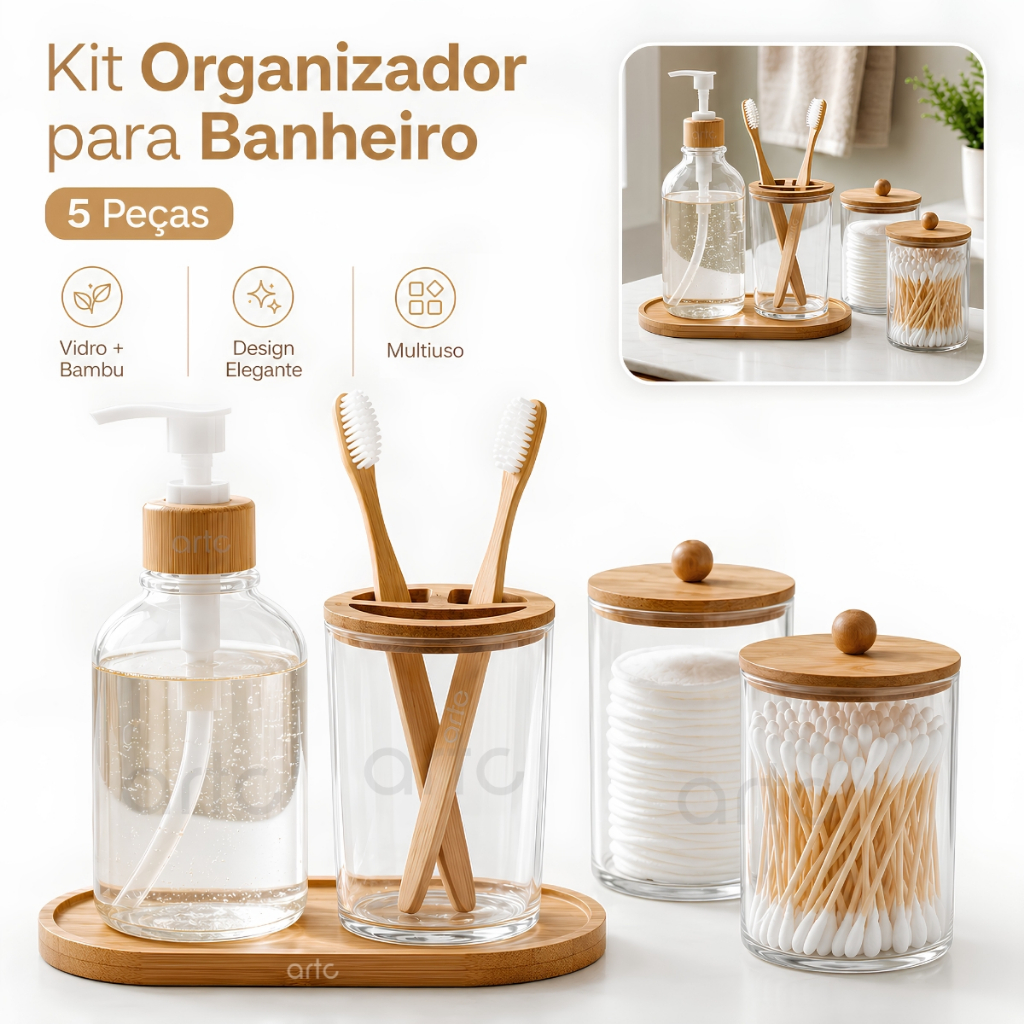 Conjunto Banheiro Lavabo 5 Peças Bambu Porta-Objetos, Dispenser, Escova e Bandeja