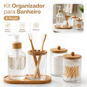 Conjunto Banheiro Lavabo 5 Peças Bambu Porta-Objetos, Dispenser, Escova e Bandeja