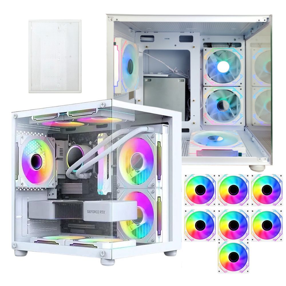 Gabinete Gamer Branco Com 4 5 6 7 Fans Para Water Cooler Rgb Tampa Vidro Micro Atx Mini Itx