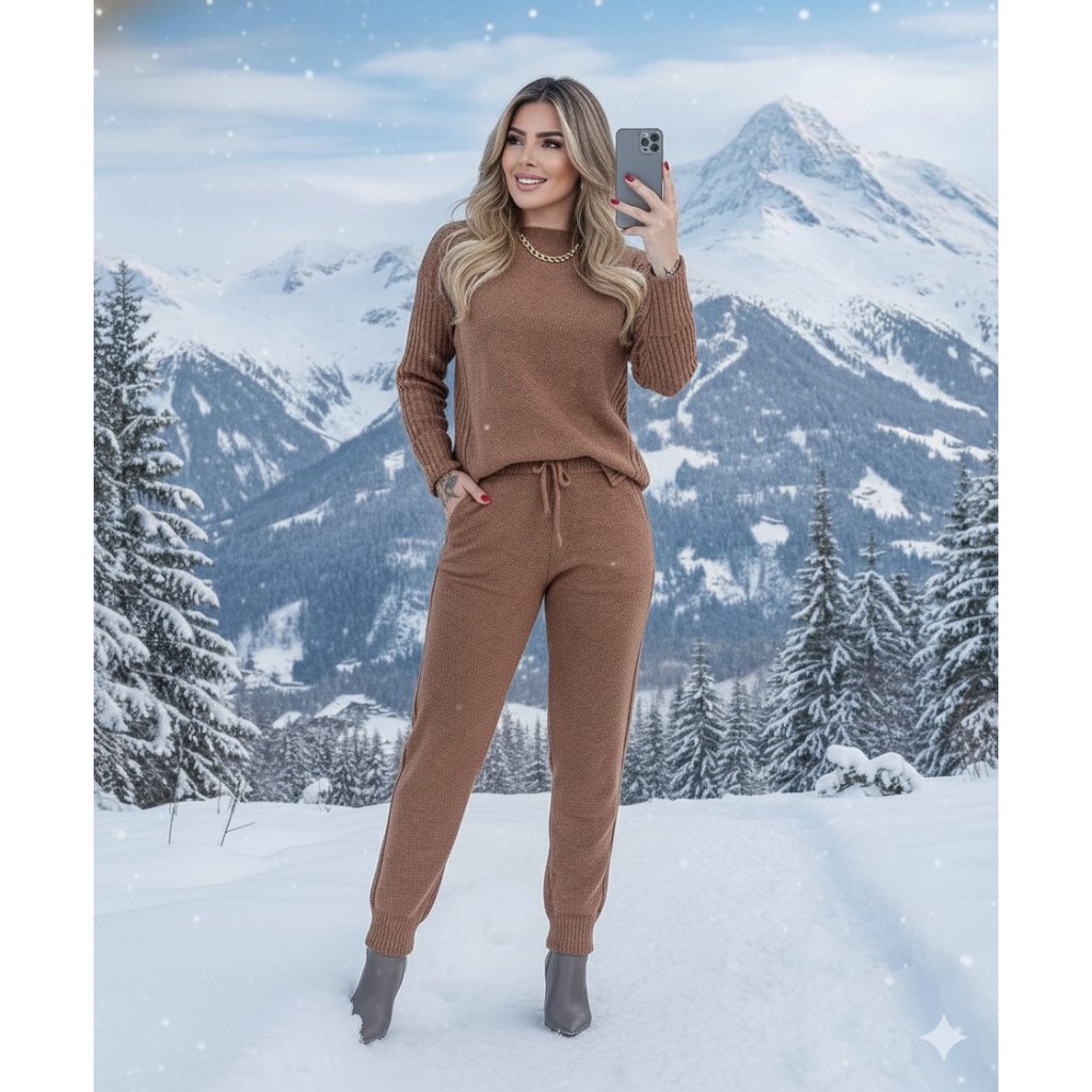 Conjunto Tricot Mousse Blusa Mullet e Calça com Punho Moda Inverno Feminino Moda Tendencia 2026