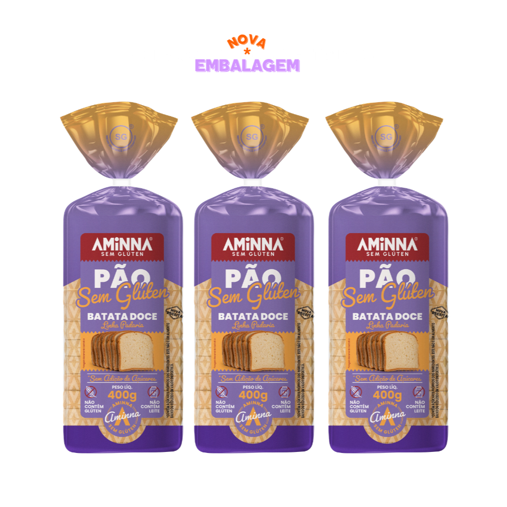 KIT COM 3 UNIDADES DE PÃO DE BATATA DOCE SEM GLUTEN, SEM LEITE E SEM AÇUCAR - AMINNA 400G CADA