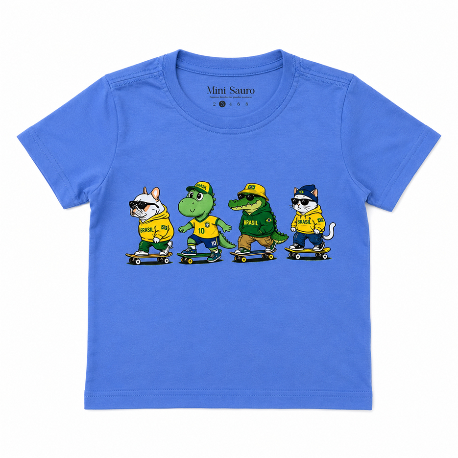 Camiseta Infantil Unissex 100% Algodão - Conforto, Estilo, Animais, copa do Mundo, Brasil - Mini Sauro