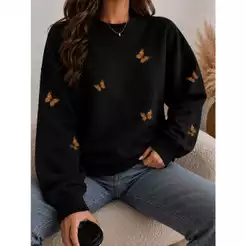 Moletom Feminino Borboletas gola careca Preto Confortável