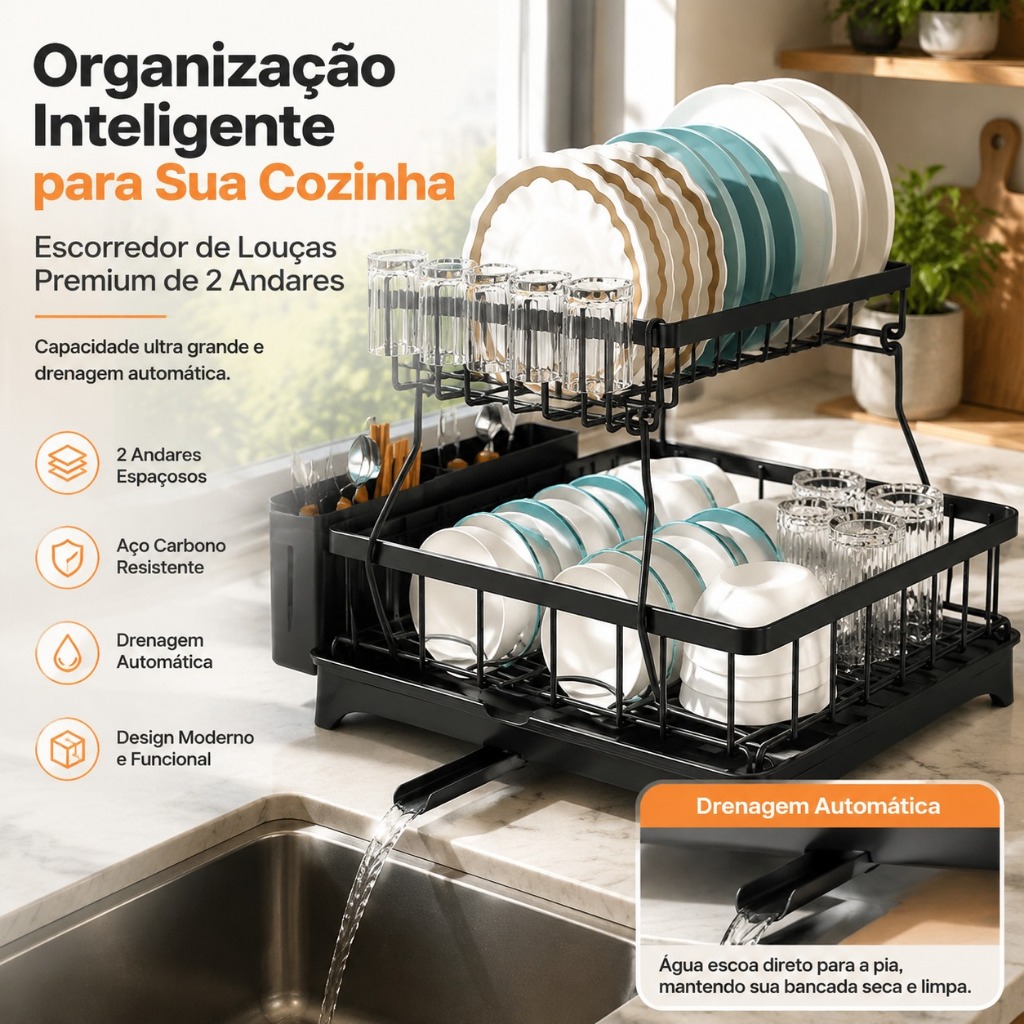 2 Anda Escorredor de Louças Rack Aço Carbono Organizador Preto 42cm Escorredor Kitchen Rack Aço,Escorredor de Louça Inox