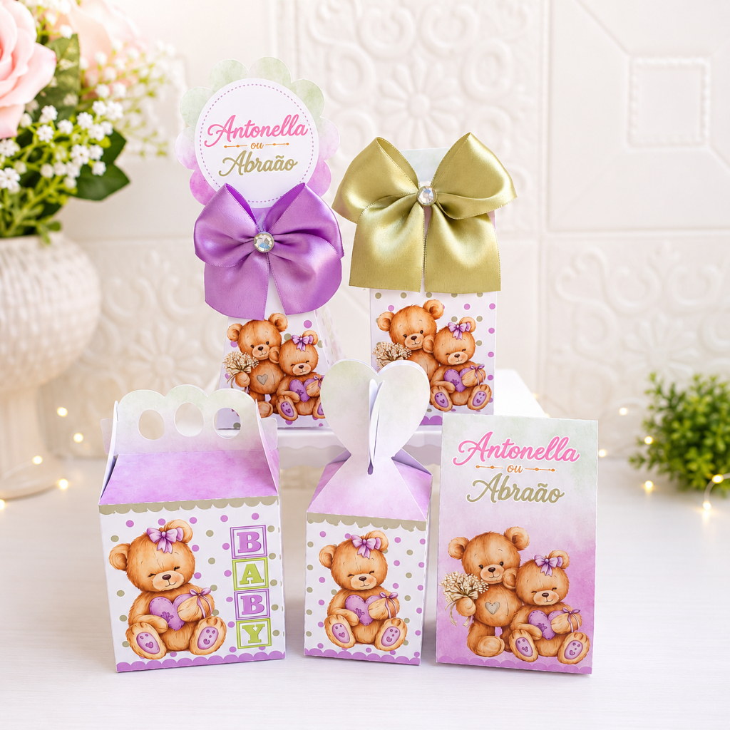 Kit Caixa Montada Personalizada Chá Revelação Ursinhos lilás + BRINDE / Lembrancinha de aniversario e festa