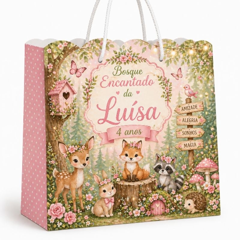 Sacolinha Surpresa Personalizada com Nome e Idade Tema Bosque Encantado Menina | Lembrancinha Decoração Festa Infantil