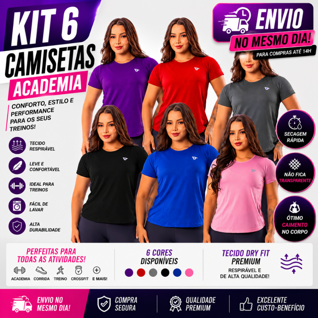 KIT 6 Camisa Academia Dry Fit Blusa feminina Furadinha Fitness Confortável Musculação Corrida