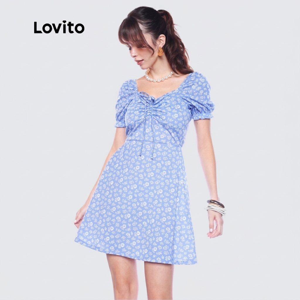Lovito Vestido Curto Feminino Mangas Curtas Estampa Floral Delicado DRB1142BRL1172