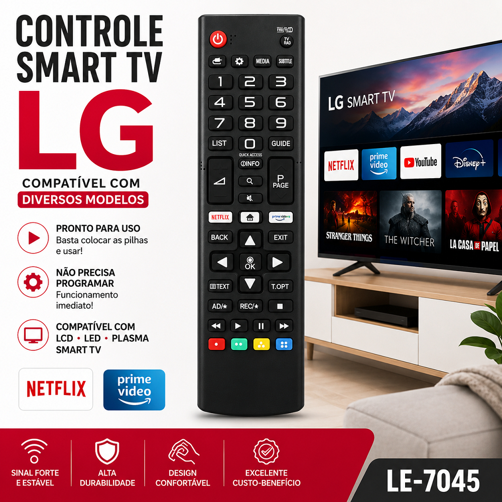 Controle Remoto Universal Compatível com LG Smart TV TODOS os Modelos LCD LED PLASMA LE-7045